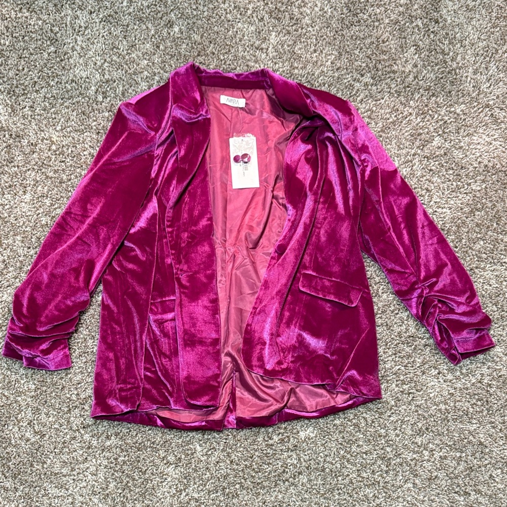 Velvet Open-Front Blazer Jacket in Fuchsia